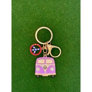Bus Peace Sign Rhinestone Keychain Purple Hippie Van Gold Tone Charm
